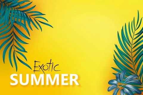 Flat-lay of blue green palm branches over yellow background, top view, copy Stock Illustration