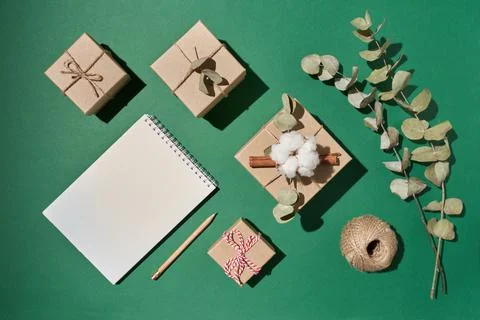 Flat lay boxes with decoration, notepad, pencil, eucalyptus leaves on green Stock Photos