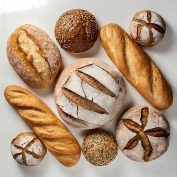 Flat lay bread pattern on a white background Stock Photos