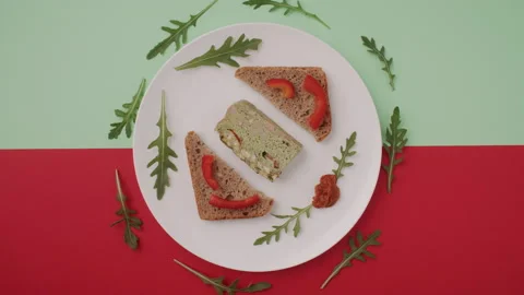 Flat Lay Bread Slice Arugula in Stop Motion Stock Footage 255679143