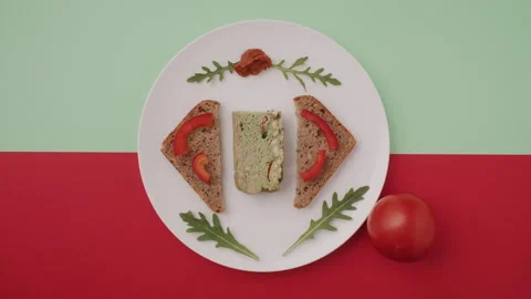 Flat Lay Bread Slices and Tomato in Stop Motion Stock Footage 255679020