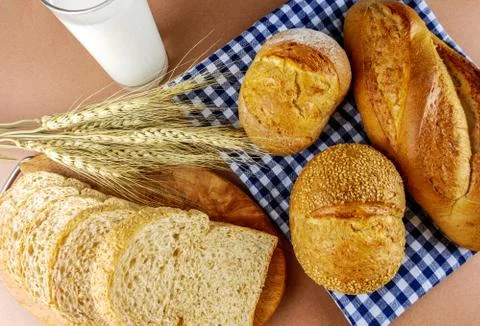 Flat lay breads and toast Stock Photos