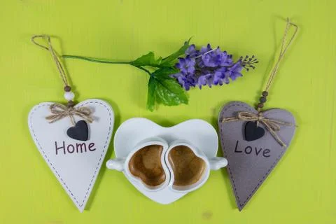 Flat lay with breakfast composition for home and love concepts Stock Photos