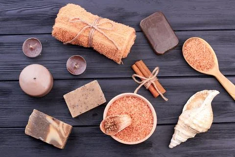 Flat lay brown items for spa treatment. Stock Photos