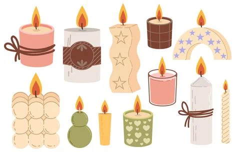 Flat lay candle set. Illustration of cozy decorative lighting elements, hand- Stock Illustration