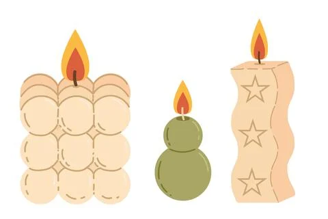 Flat lay of candles in various shapes. Illustration of cozy decorative lighti Stock Illustration