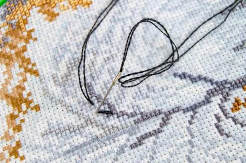 Flat lay canvas with a beautiful pattern of bright sewing threads and a needl Stock Photos