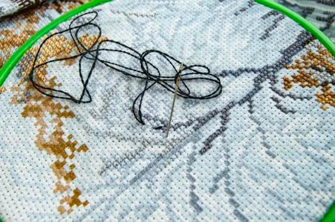 Flat lay canvas with a beautiful pattern of bright sewing threads and a needl Foto stock