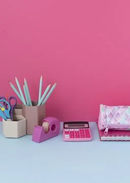 Flat lay children desks still life. Arrangement with colorful items Stock Illustration