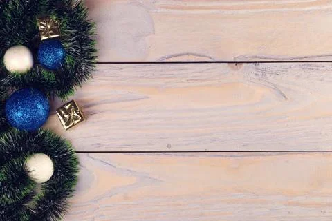 Flat lay Christmas composition. New year card gift. Balls, presents, snowball Stock Photos