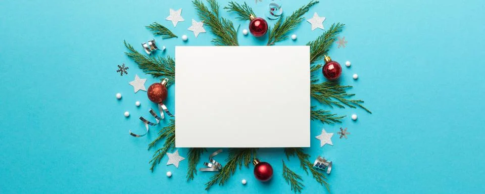 Flat lay Christmas composition. square Paper blank, pine tree branches, chris Stock Photos