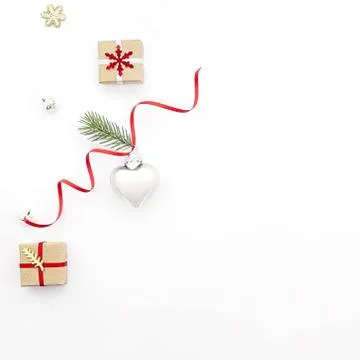 Flat lay Christmas composition on white background with holiday gift boxes, a Stock Photos