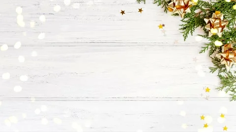 Flat lay of Christmas decorations on white wooden background with bokeh Stock Footage 163885337