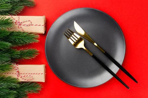 Flat lay christmas table served with festive dishes with decorations made of Stock Photos