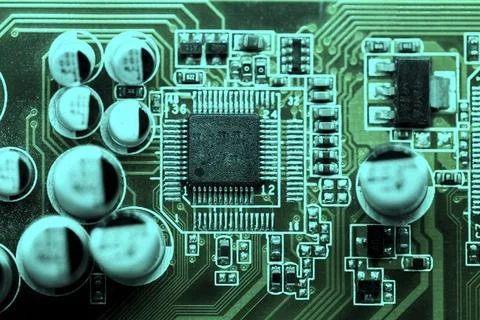 Flat lay circuit board with capacitors 库存照片