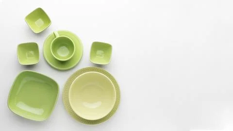 Flat lay clean tableware set with copy sapce Stock Photos