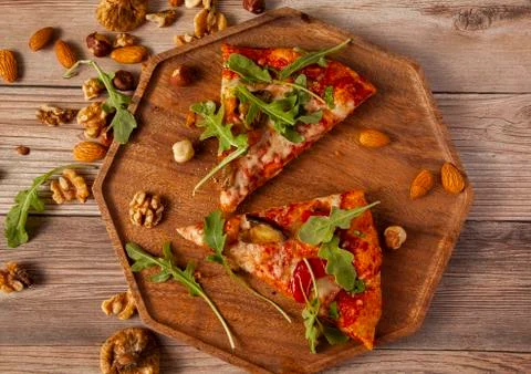 Flat lay close up image of  vegetarian cheese and tomato pizza d Stock Photos