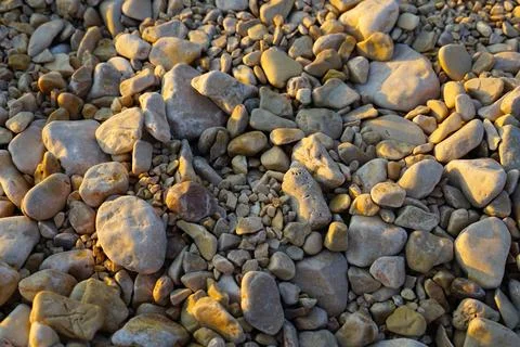 Flat lay close up pebbles on the beach during sunset Stock Photos