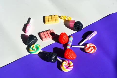 Flat lay close up sweet snack with assorted blueberries, blackberries, stra.. Stock Photos