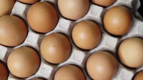 Flat lay Close-up view of raw chicken eggs in egg paper box Stock Footage 138619452