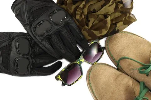 Flat lay clothes for biker set : shoes, moto gloves,scarf, sun glasses Stock-Fotos