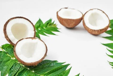 Flat lay coconut with half and leaves on white background. Hello summer! Gree Stock Photos