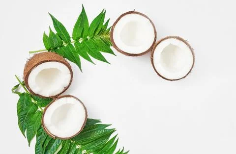 Flat lay coconut with half and leaves on white background. Hello summer! Gree Stock Photos
