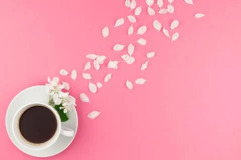Flat lay of coffee and white flowers petals Stock Photos