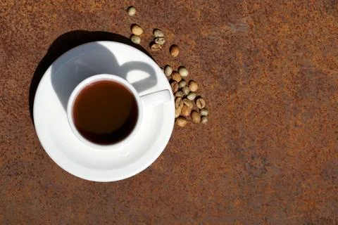 Flat lay Coffee composition  with  white cup  and beans of coffe Stock Photos