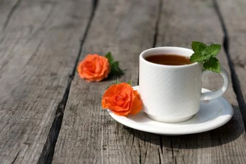 Flat lay Coffee composition  with  white cup    of coffe and  flower  and fre Stock Photos
