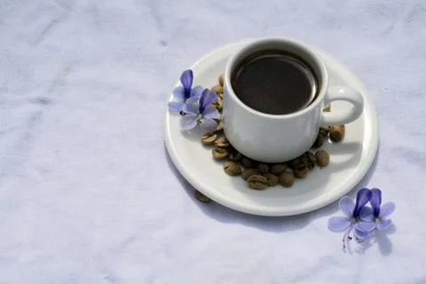 Flat lay Coffee composition  with  white cup  and beans of coffe and blue flo Stock Photos
