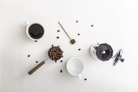 Flat lay coffee cup with kettle empty mug. High quality photo flat lay cof... Stock Photos