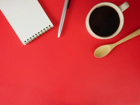 Flat lay coffee with notebook and pen Stock Photos