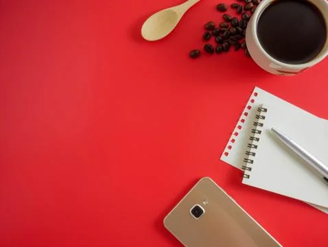 Flat lay coffee with notebook and smart phone Stock Photos