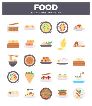 Flat lay collection of diverse Asian food icons presented in a grid. Stock Illustration