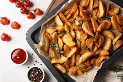 Flat lay composition with baked potatoes and rosemary in baking sheet on tabl Stock-Fotos