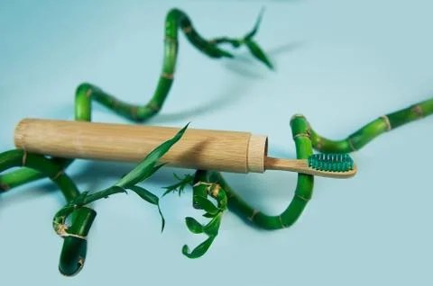 Flat lay composition with bamboo toothbrush and space for text Stock Photos