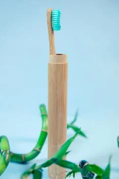 Flat lay composition with bamboo toothbrush and space for text Stock Photos