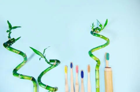 Flat lay composition with bamboo toothbrush and space for text Fotos Stock