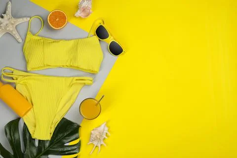 Flat lay composition with beach objects on color background, space for text Stock Photos