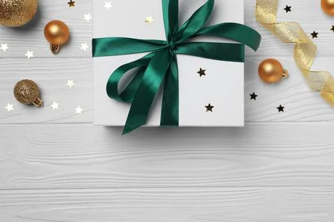 Flat lay composition with beautiful gift boxes and different Christmas deco.. Stock Photos