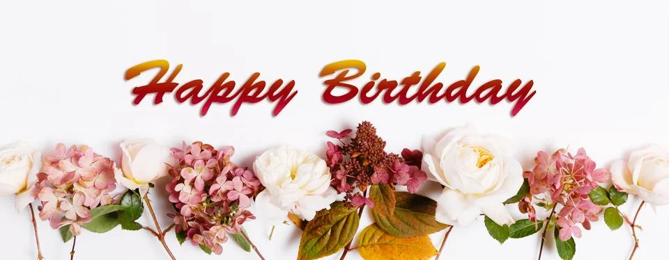 Flat lay composition with beautiful hydrangea rose flowers and text Happy Stock Photos