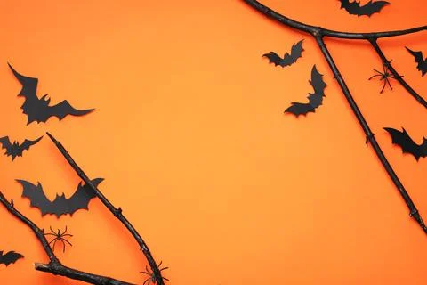 Flat lay composition with black branches, paper bats and spiders on orange ba Stock Photos