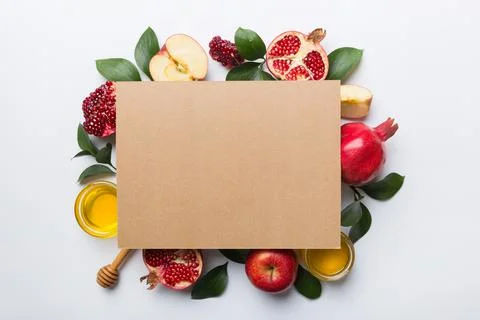 Flat lay composition with Blank flyer poster and symbols jewish Rosh Hashanah Stock Photos