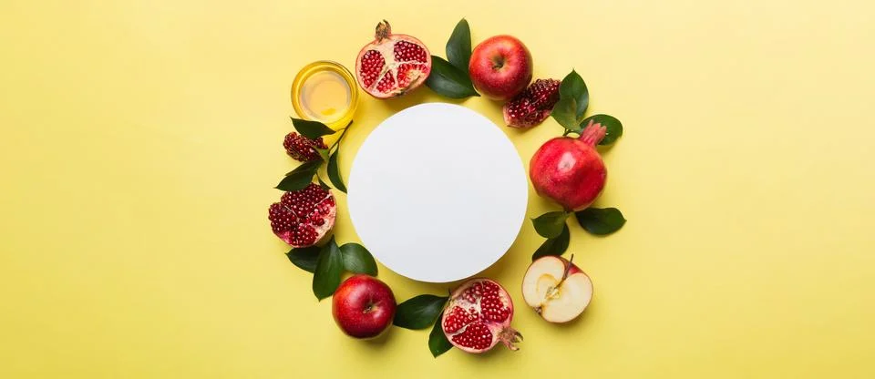 Flat lay composition with Blank flyer poster and symbols jewish Rosh Hashanah Stock Photos