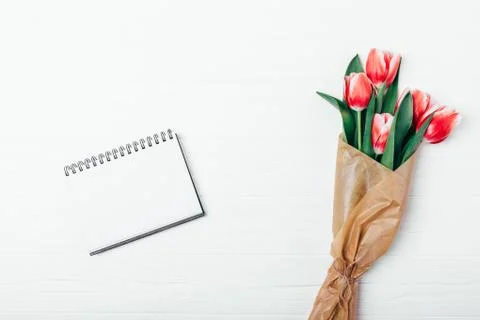 Flat lay composition blank notepad template Stock Photos