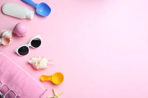 Flat lay composition with bright beach toys on color background. Space for te 写真素材