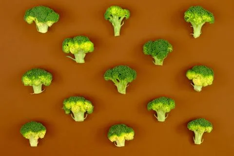 Flat lay composition with broccoli raw on color background brown Stock Photos