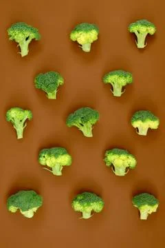 Flat lay composition with broccoli raw on color background brown Stock Photos