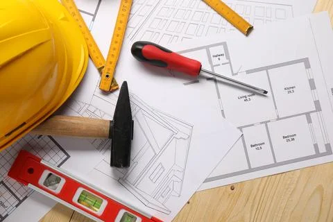 Flat lay composition with building level and other different construction t.. Fotos de archivo